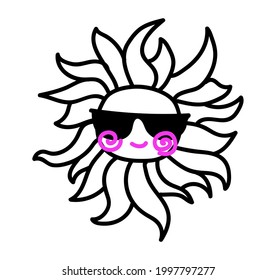 Smiling sun with sunglasses. Doodle vector illustration in cartoon style. Isolated on a white.