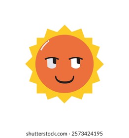 Smiling sun in sunglasses, hot summer weather, vacation time, weather icon.with glancing eyes