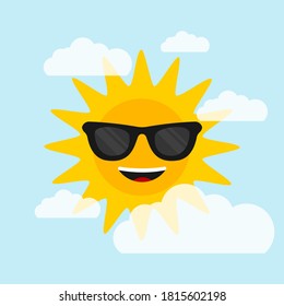 Smiling sun in sunglasses on blue background with clouds. Flat style 
vector illustration