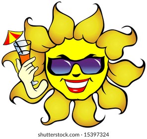 Smiling sun with sunglasses on and a drink in hand