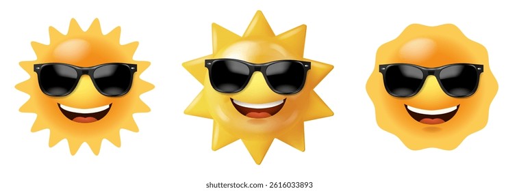 Smiling Sun With Sunglasses Set And Isolated White Background With Gradient Mesh, Vector Illustration