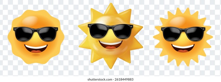 Smiling Sun With Sunglasses Set And Isolated Transparent Background With Gradient Mesh, Vector Illustration