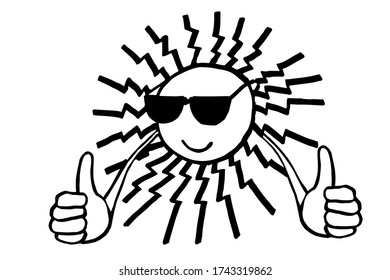 The smiling sun with sunglasses stretched out his hands in a gesture raised with his thumbs up. Sun gesture showing  everything is amazing, okay, wonderful. Travel logo,sing. Summer. Hand drawn vector