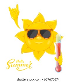 Smiling sun with sunglasses and thermometer in hand, isolated on white background, lettering Hello Summer, illustration.