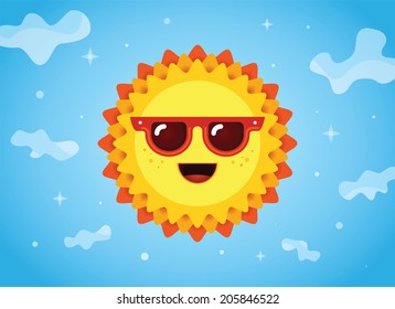 Smiling sun with sunglasses. Vector Illustration.