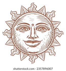 Sol sonriente. Día soleado, mañana. Esbozar ilustración vectorial en estilo de grabado vintage