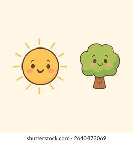 Smiling sun and tree cartoon illustration – eco-friendly kids art showing nature happiness, forest energy, climate positivity, and child-friendly green learning icon