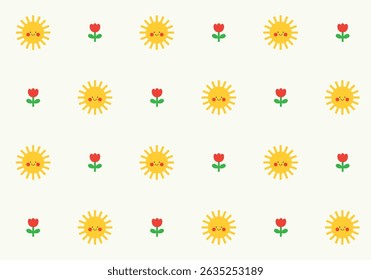 Sonriente sol y tulipán diseño de patrón sin fisuras. Ilustración vectorial.