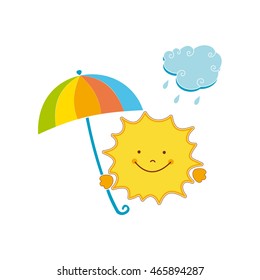 Smiling sun with an umbrella and cloud. Vector illustration for baby background.