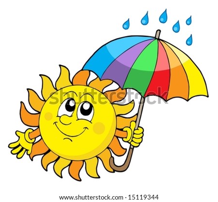 Smiling Sun with umbrella - vector illustration.