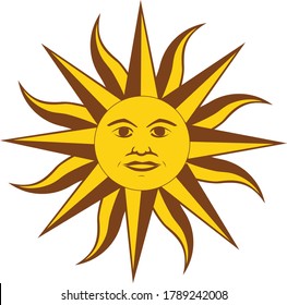 Smiling sun vector graphic is a symbol of an Inca Sun God. Illustration of a yellow sun as seen on the flag of Uruguay, giving hope for a better future. 