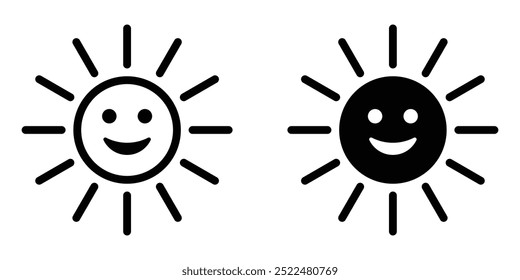 Smiling sun vector icon set. Happy cartoon sun. Funny face. Black silhouette isolated on white background.