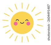 Smiling sun vector illustration. Bright yellow sun with pink cheeks and happy face. Cheerful design for kids, weather clipart or summer theme. Flat vector illustration isolated on white background.