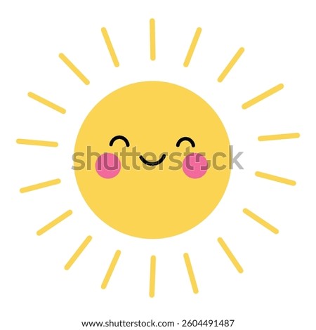 Smiling sun vector illustration. Bright yellow sun with pink cheeks and happy face. Cheerful design for kids, weather clipart or summer theme. Flat vector illustration isolated on white background.