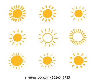 Smiling sun vector set, cute and cheerful design.