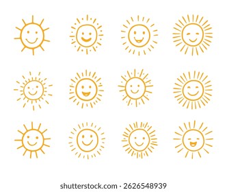 Smiling sun vector set, cute and cheerful design.