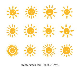 Smiling sun vector set, cute and cheerful design.