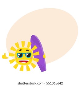 Smiling sun wearing sunglasses and holding surf board, cartoon vector illustration on background with place for text. Funny sun character in sunglasses holding surfboard, symbol of summer and vacation