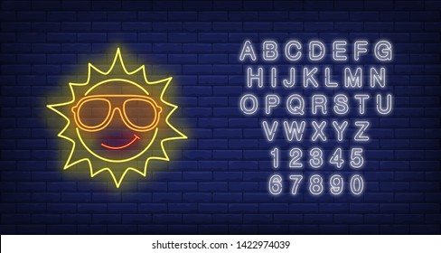 Smiling sun wearing sunglasses neon sign. Tourism, vacation, travel, summer design. Night bright neon sign, colorful billboard, light banner. Vector illustration in neon style.