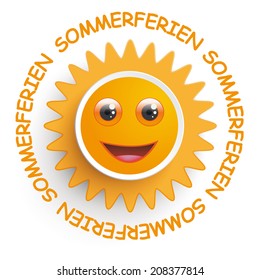Smiling sun the white background. German text "Sommerferien" translate "Summer Vacation". Eps 10 vector file.