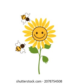 Smiling sunflower and bee cartoons isolated on white background vector illustration.