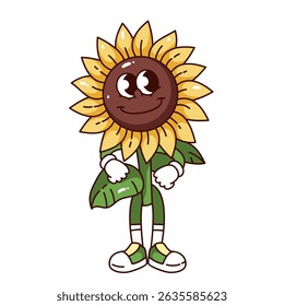 Smiling sunflower character with big brown face and yellow petals, standing upright with green stem legs and white gloves. Groovy cartoon doodle style for farm design. Vector illustration.