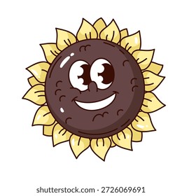 Carácter sonriente del girasol con la cara redonda y los pétalos amarillos brillantes, mascota floral linda con los ojos expresivos. Alegre ilustración de la flor, simbólico símbolo de la planta, Ilustración vectorial de dibujos animados aislados.