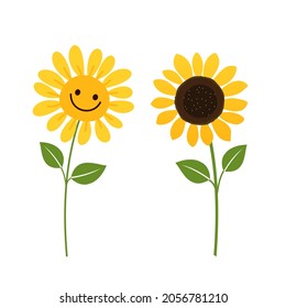 Smiling sunflower and hand drawn sunflower icon logo isolated on white background vector illustration.