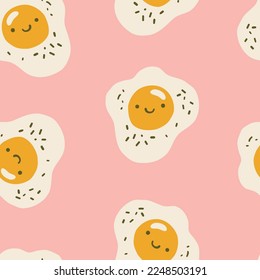 Smiling sunny-side up eggs seamless pattern. Funny vector shapes on pink background. Backdrop with cartoon color icons for design and animations. - Shutterstock ID 2248503191