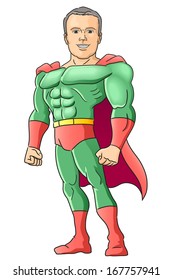 Smiling super hero in brave pose. Vector illustration.