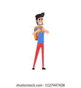 Smiling super hero dad character standing with backpack vector Illustration isolated on a white background