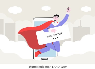 Smiling superhero in a costume coming out from smartphone holding banner or placard with space for text or information about discounts, sales. Concept of mobile or social network advertisement.