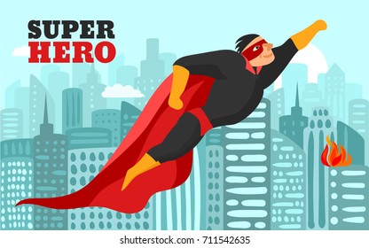 Smiling superhero in red black clothing and mask, flying over city at day time vector illustration