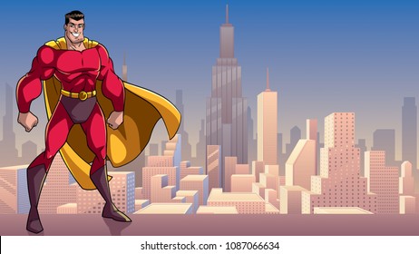 Smiling superhero standing tall on city background with copy space.