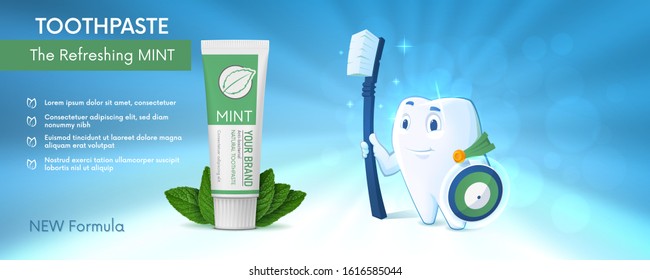 Smiling superhero tooth is holding the shield and toothbrush and looking at the tube of mint toothpaste and mint leafs. Vector illustration