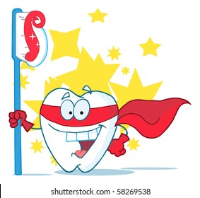 Smiling Superhero Tooth With Toothbrush