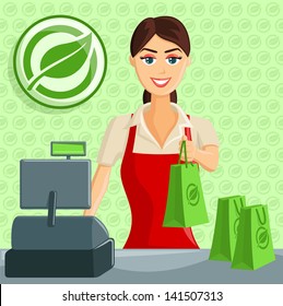 Smiling Supermarket / Eco Green Store Cashier Girl handing out bag