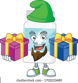 A smiling supplement bottle cartoon design having Christmas gifts