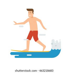 Smiling surfer riding on the wave. Smiling surfing man standing on surfboard. Surfer guy character moving on the tide splash. Young water sportsman illustration.