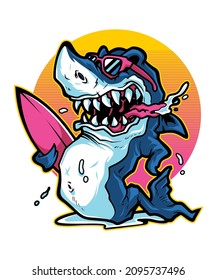 Smiling Surfer Shark Cartoon Character with Glasses holding Surfboard.
Vector illustration.