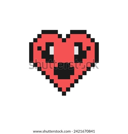 Smiling surprised face with open round mouth vector illustration. Pixel style emoji describing shock, wow. Vintage 90s style heart shaped emoticon. Pixelated retro game 8 bit flat design with outline