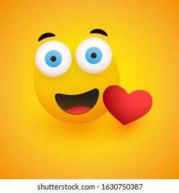 Smiling Surprised Face with Pop Out Eyes and Red Heart on Yellow Background - Vector Design Concept
