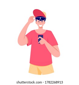 Smiling and surprised man looking smartphone Close up young man, glad looking at display smartphone smiling and laughing happily, impressed by media content from web. Vector flat style illustration.