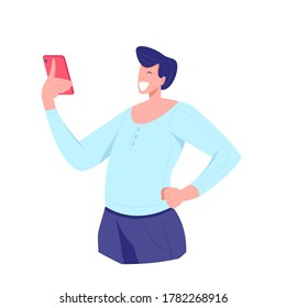 Smiling and surprised man looking smartphone Close up young man, glad looking at display smartphone smiling and laughing happily, impressed by media content from web. Vector flat style illustration.