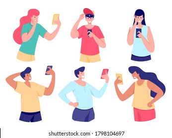 Smiling and surprised men, shocked women looking smartphone Close up young people, looking at display smartphone shocked or laughing , impressed by media content from web. Vector flat illustration.