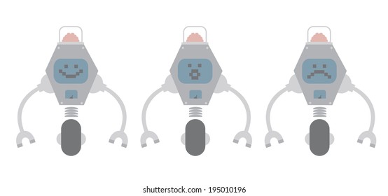Smiling, surprised and sad flat design steel robots 