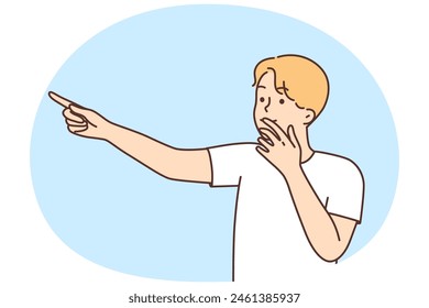 Smiling surprised young man point at something. Happy amazed guy show with finger draw attention. Vector illustration.