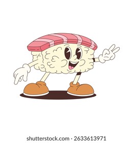 Smiling sushi mascot character in cartoon style, ideal for Japanese food promotions, culinary branding, or fun graphics. Suitable for various creative needs. Vector illustration.