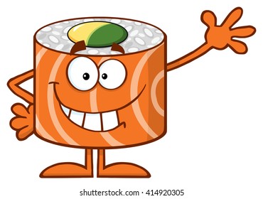 Smiling Sushi Roll Cartoon Mascot Character Waving. Vector Illustration Isolated On White
