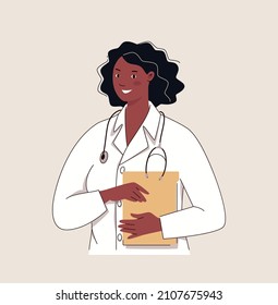 Smiling swarthy doctor woman in white coat with stethoscope holds patient documents. Avatar for advertising, site illustration, icon. Flat cartoon Vector.